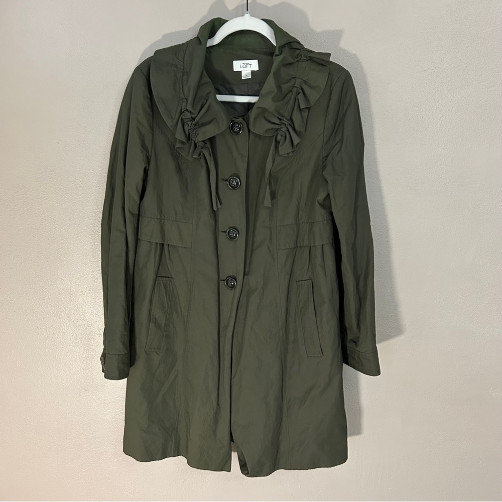 LOFT Women's Dark Green ruffle neck Trench Coat